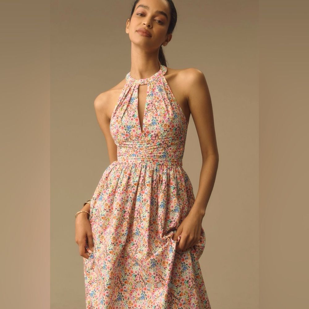 Anthropologie Atsu Sally Bow Back Halter A-line Midi dress Size M Pink